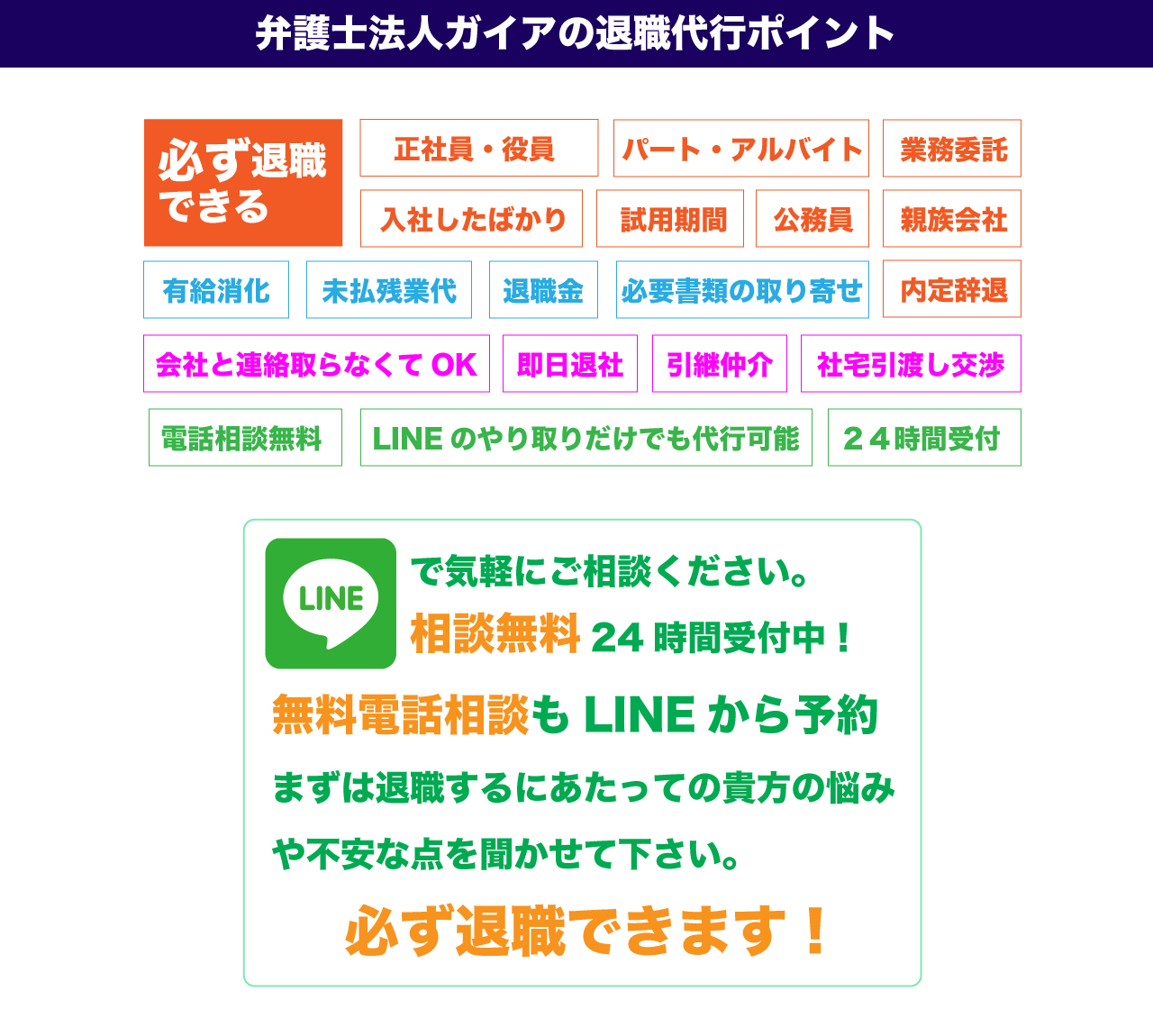 弁護士法人ガイアの退職代行のポイント。正社員、アルバイト、即日退職、試用期間。公務員、業務委託、有給消化。内定辞退、社宅、引継ぎ